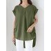 Solid Ruched Short Sleeve V Neck Casual Blouse