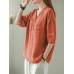 Solid Button Pocket V Neck Half Sleeve Casual Cotton Blouse