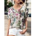 Plant Print V Neck Short Sleeve Casual Blouse