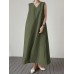 Solid V Neck Sleeveless Casual Cotton Maxi Dress