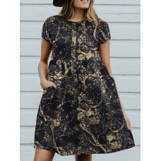 Cotton Plant Print Button Pocket Short Sleeve Midi Dress